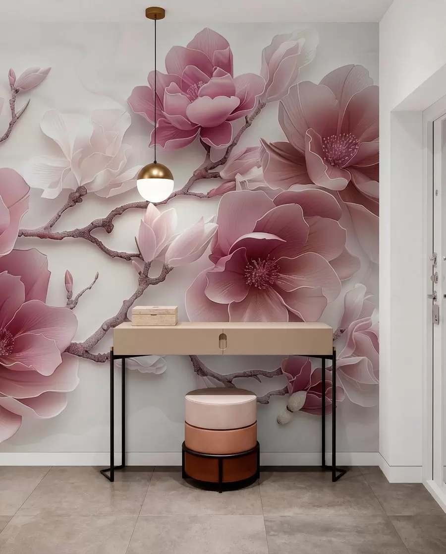 Fototapetes Rozā reljefi magnolijas ziedi uz gracioza zara w01359v2