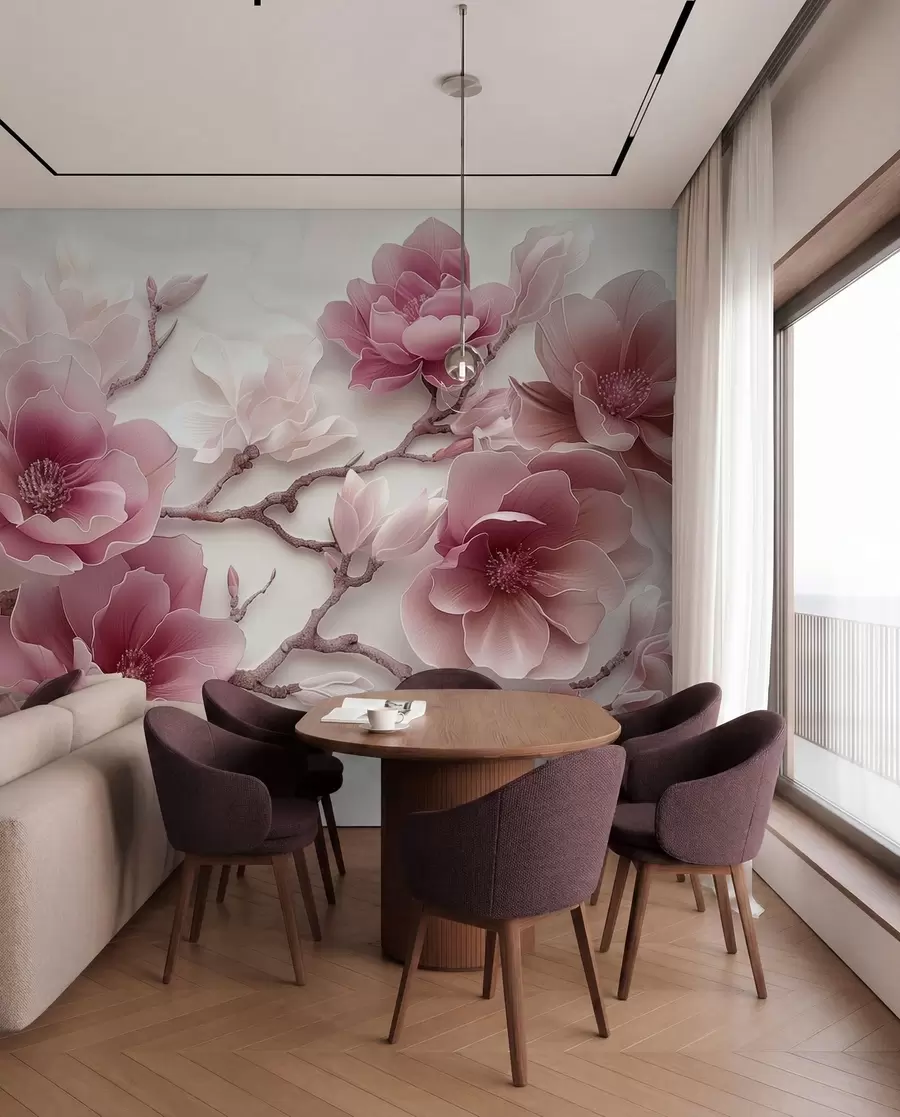 Fototapetes Rozā reljefi magnolijas ziedi uz gracioza zara w01359v2