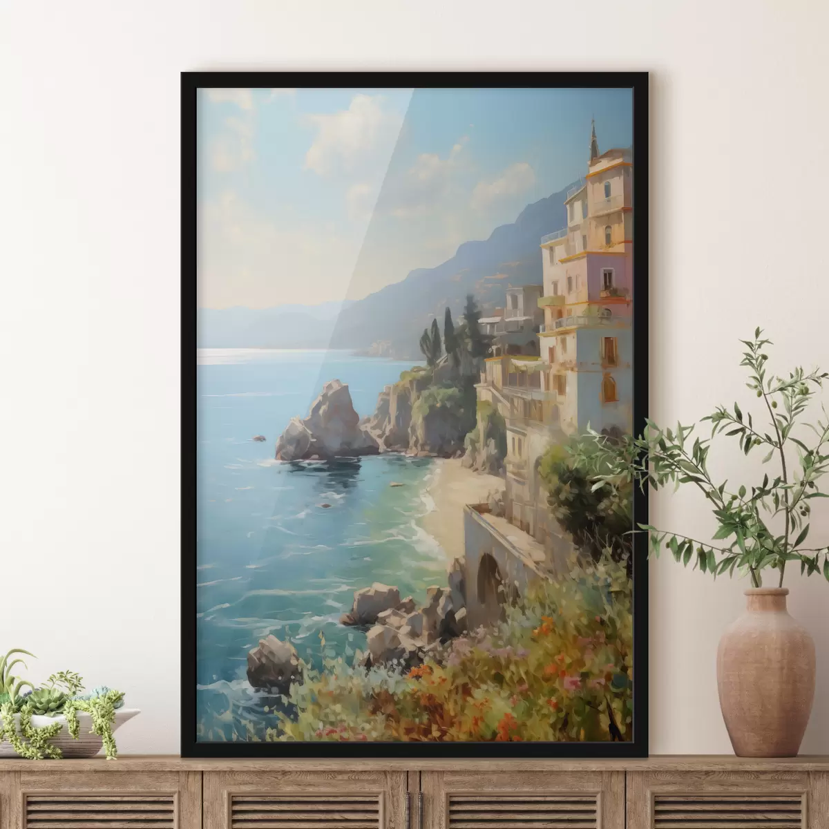 Plakāts Skats uz jūras līci, kalniem Itālijā no viesnīcas eļļas gleznas imitācijas f40088