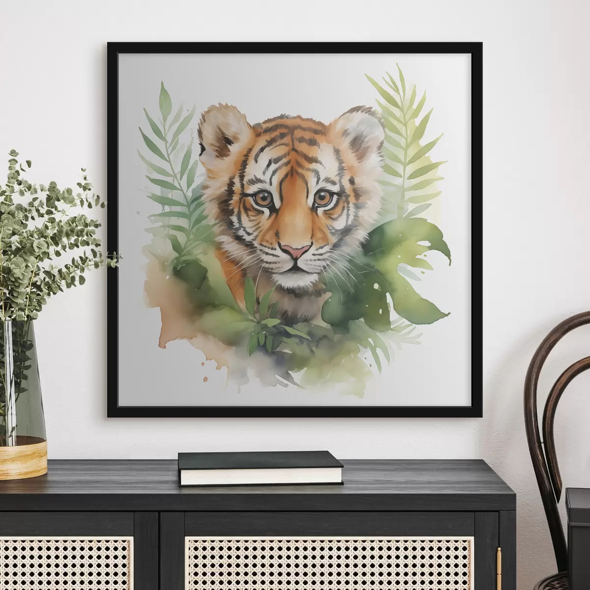 Plakāts Tīģera portrets tropu lapās akvarelis f40090