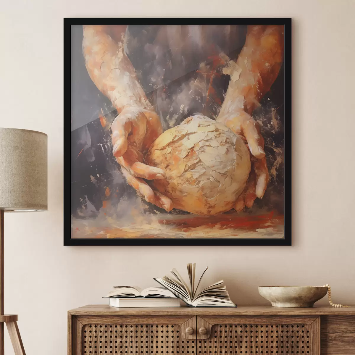 Plakāts Maiznieka rokas, kas tur mīklu, eļļas gleznas imitācija f40095