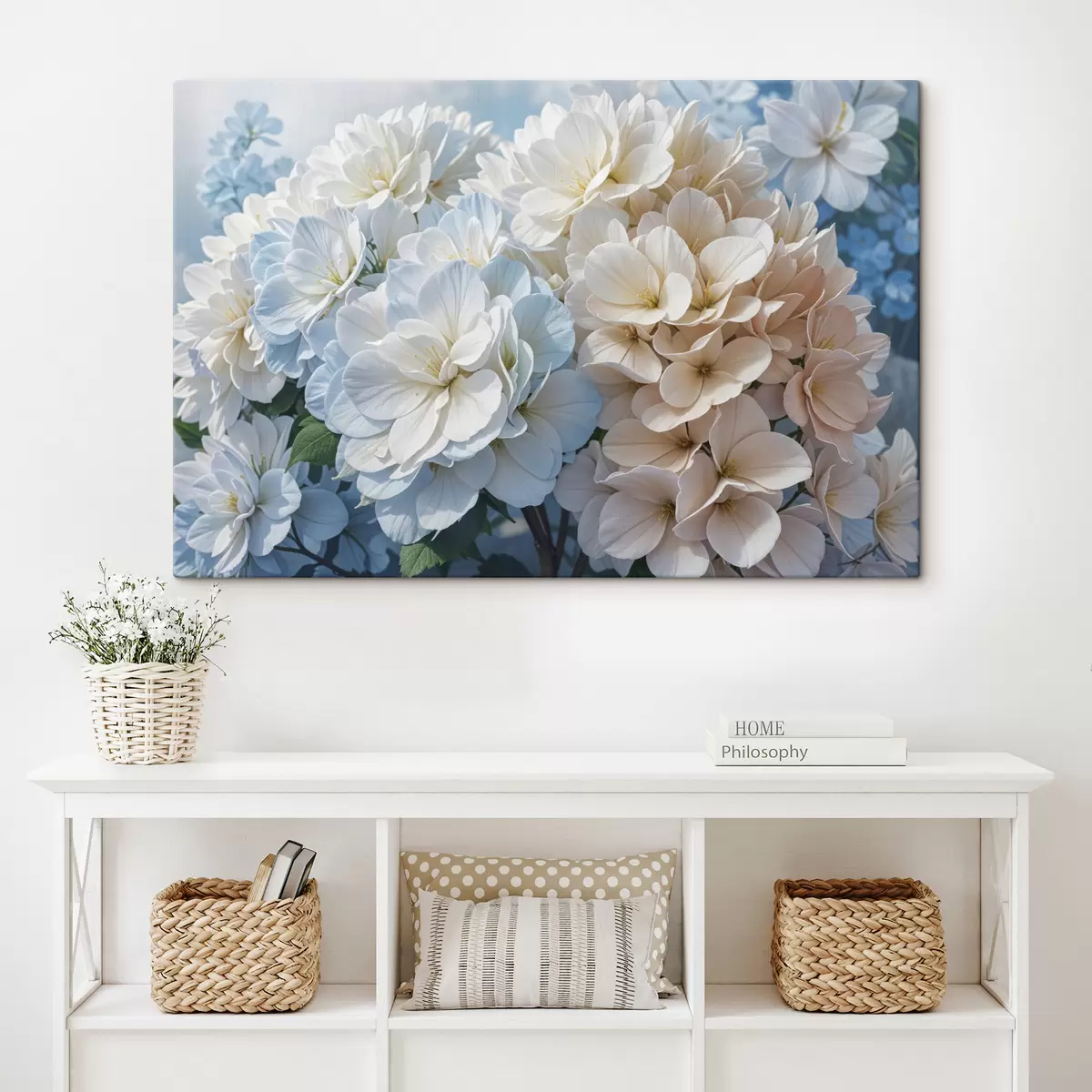 Glezna Mīksti pasteļkrāsas dāliju ziedi ar smalkām ziedlapiņām, kas zied uz neskaidra fona s40146