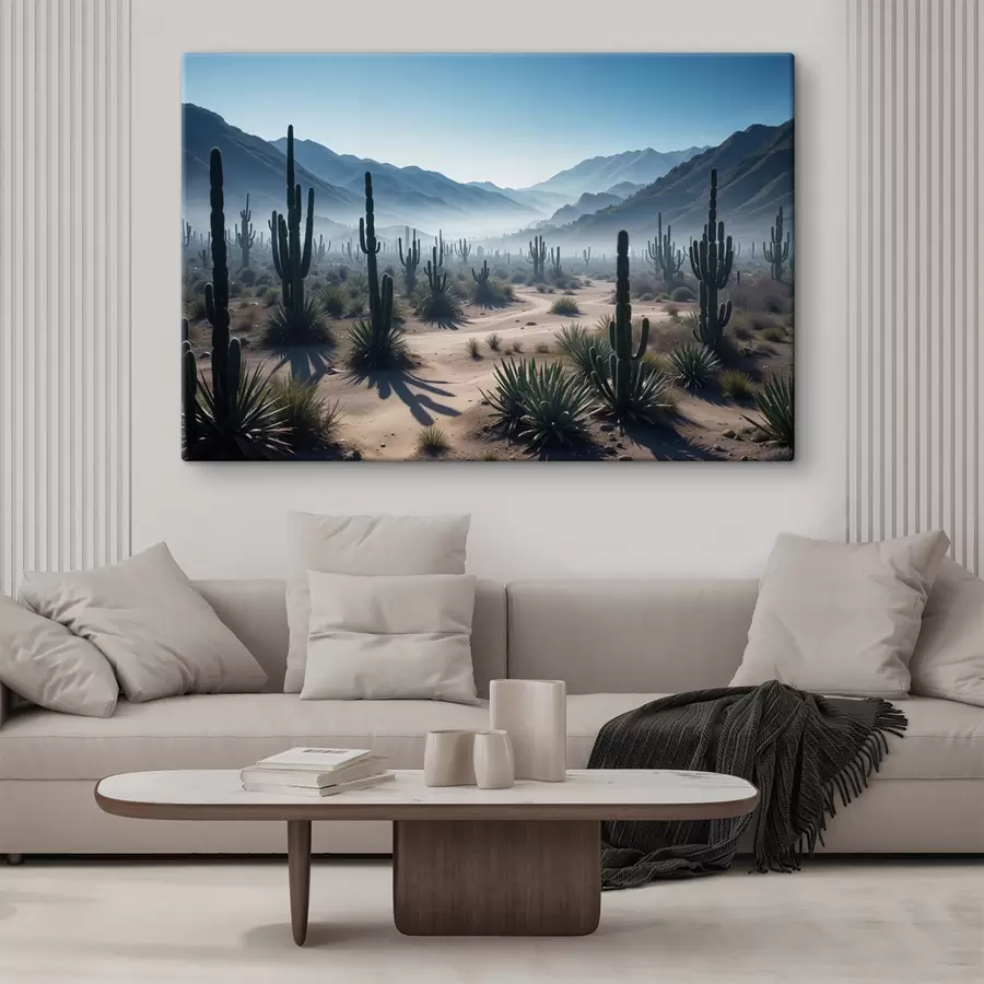 Glezna Tuksneša ainava ar augstiem kaktusiem un jukas augiem priekšplānā, ko ieskauj miglaini kalni s40153