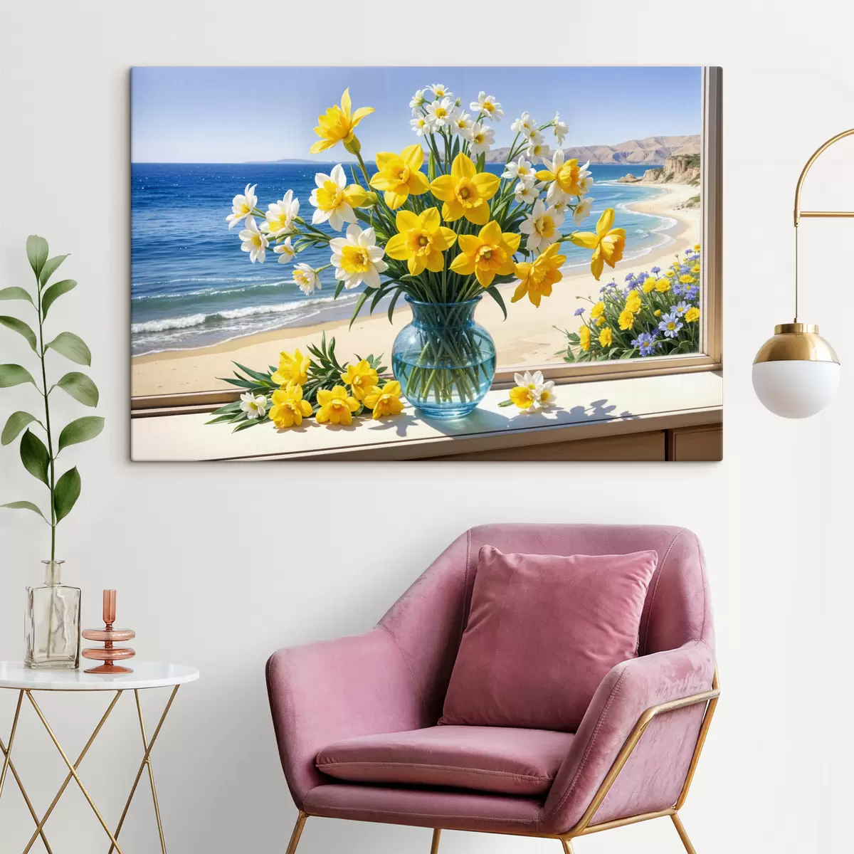 Glezna Dzelteno narcišu un balto margrietiņu pušķis stikla vāzē uz palodzes ar skatu uz pludmali un okeānu s40171