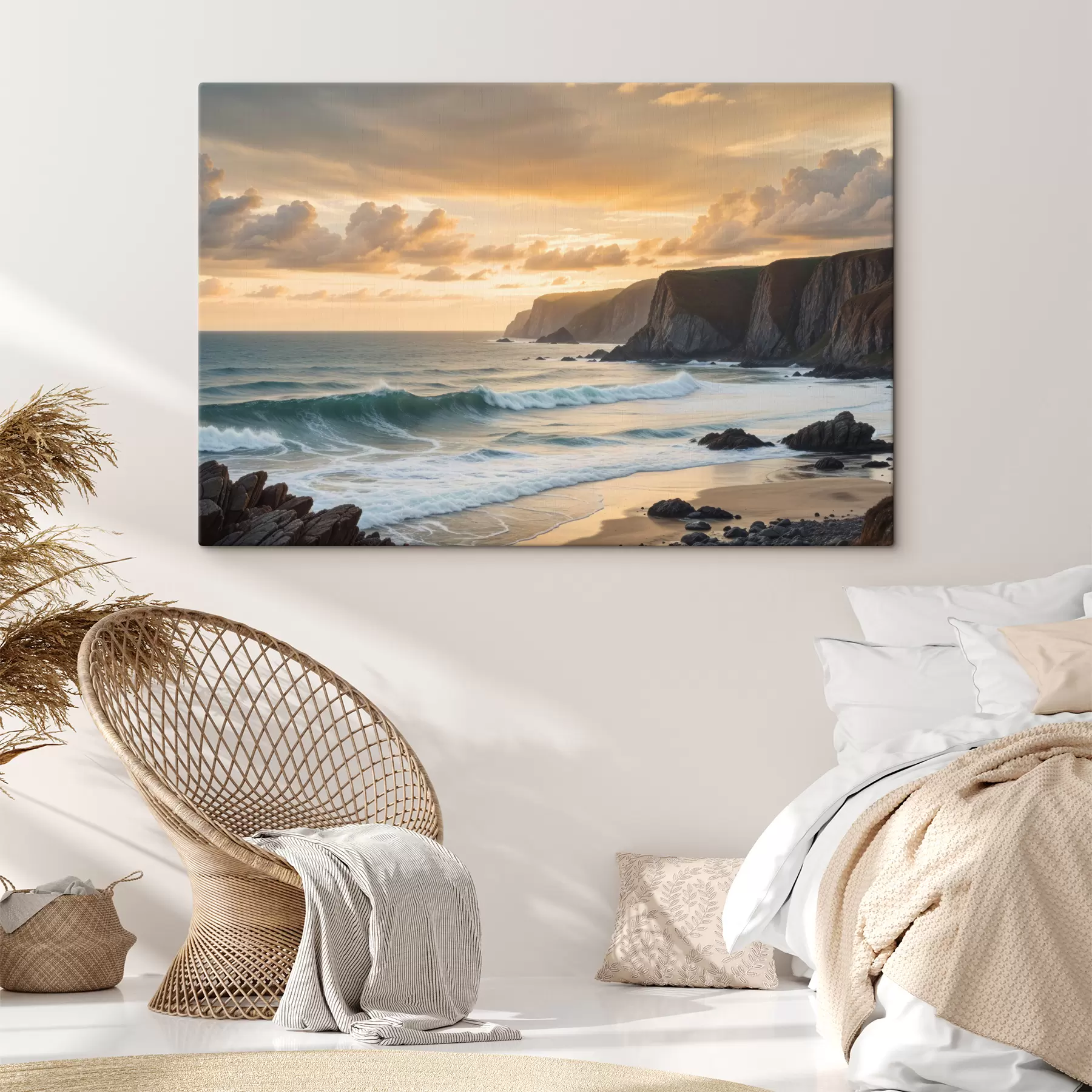 Fototapetes Gleznaina piekrastes ainava ar iespaidīgām klintīm, viļņiem un krāsainām saulrieta debesīm s40176