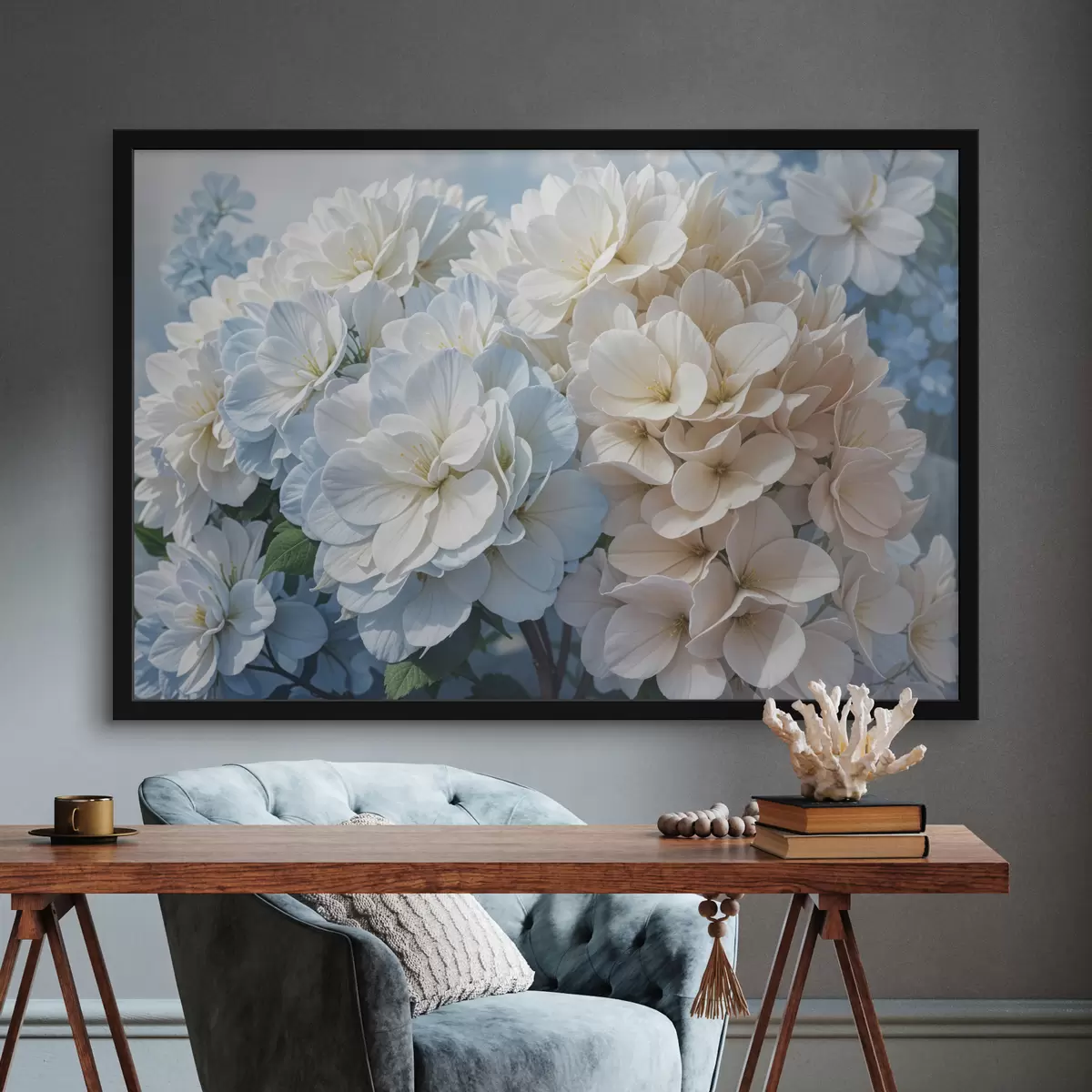 Plakāts Mīksti pasteļkrāsas dāliju ziedi ar smalkām ziedlapiņām, kas zied uz neskaidra fona f40146