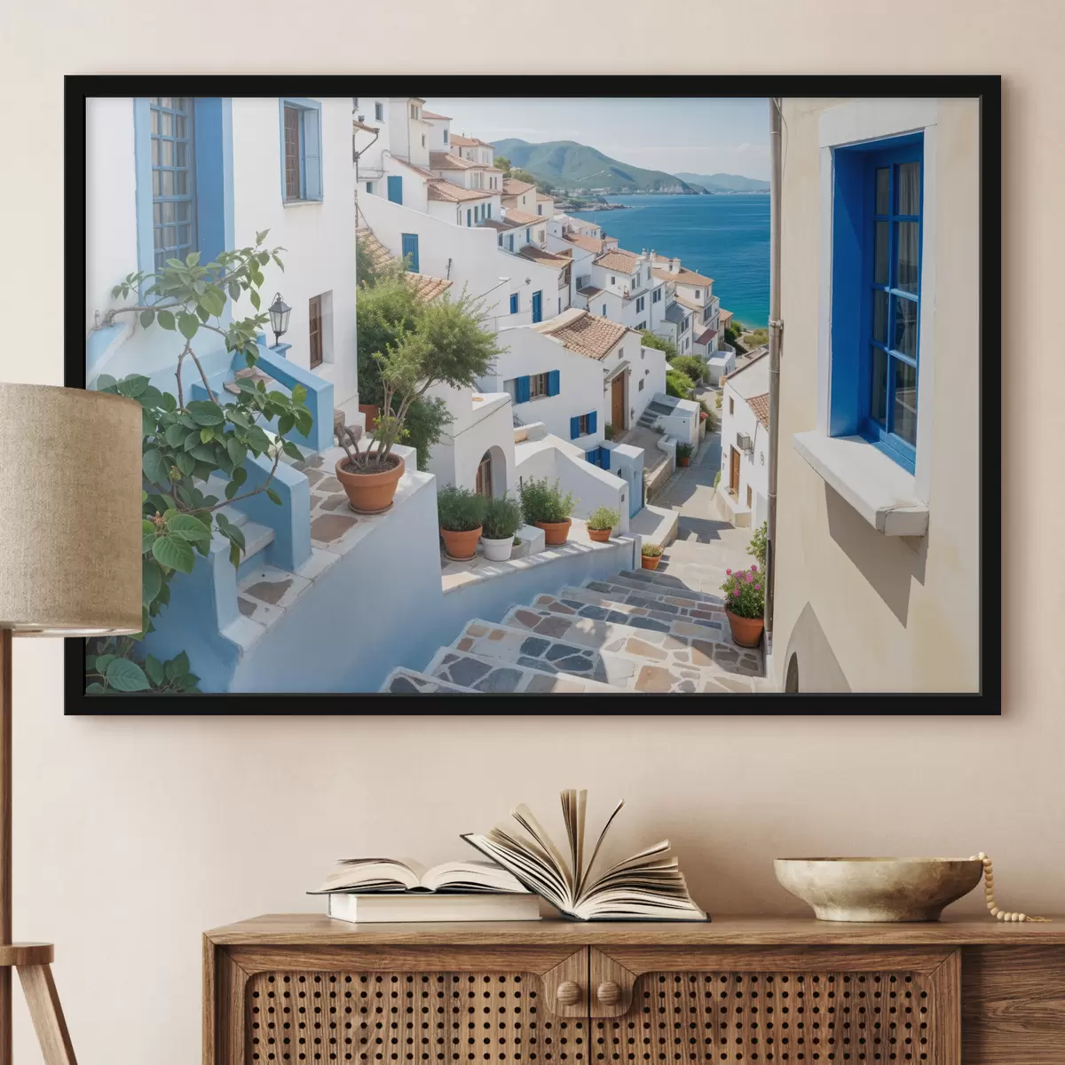 Plakāts Gleznaina piekrastes pilsēta ar baltām ēkām, ziliem logiem un augiem podos, kas rindojas šaurajās ieliņās f40148