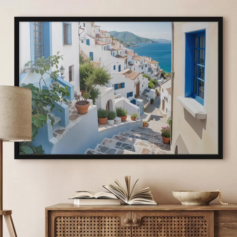 Fototapetes Gleznaina piekrastes pilsēta ar baltām ēkām, ziliem logiem un augiem podos, kas rindojas šaurajās ieliņās f40148