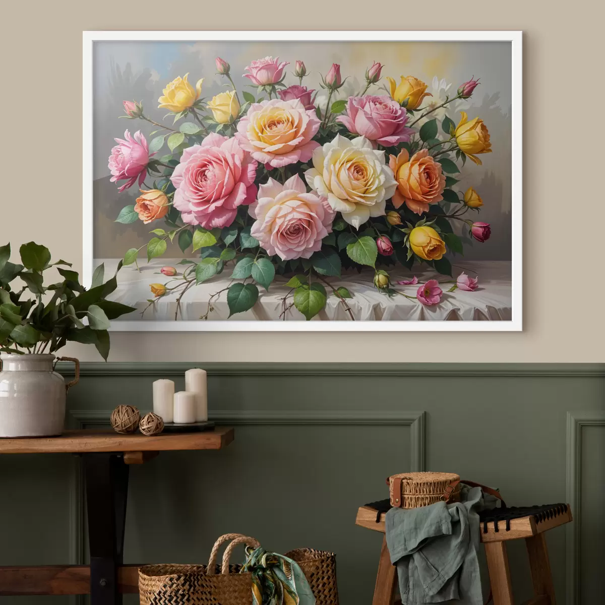 Plakāts Krāsainu rožu pušķis dažādos rozā, dzeltenā un oranžā toņos, kas sakārtots ar zaļām lapām f40149