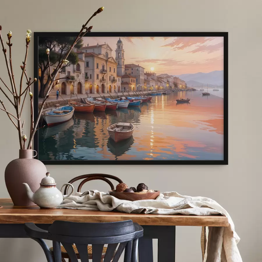Fototapetes Itālijas piekrastes pilsēta saulrietā ar krāsainām ēkām krastmalā un laivām, kas peld mierīgos ūdeņos f40150
