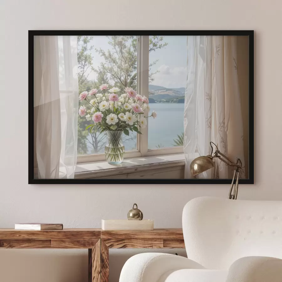 Glezna Rozā un baltu ziedu pušķis stikla vāzē, kas novietota uz palodzes, ar gleznainu ezeru un kalniem f40151