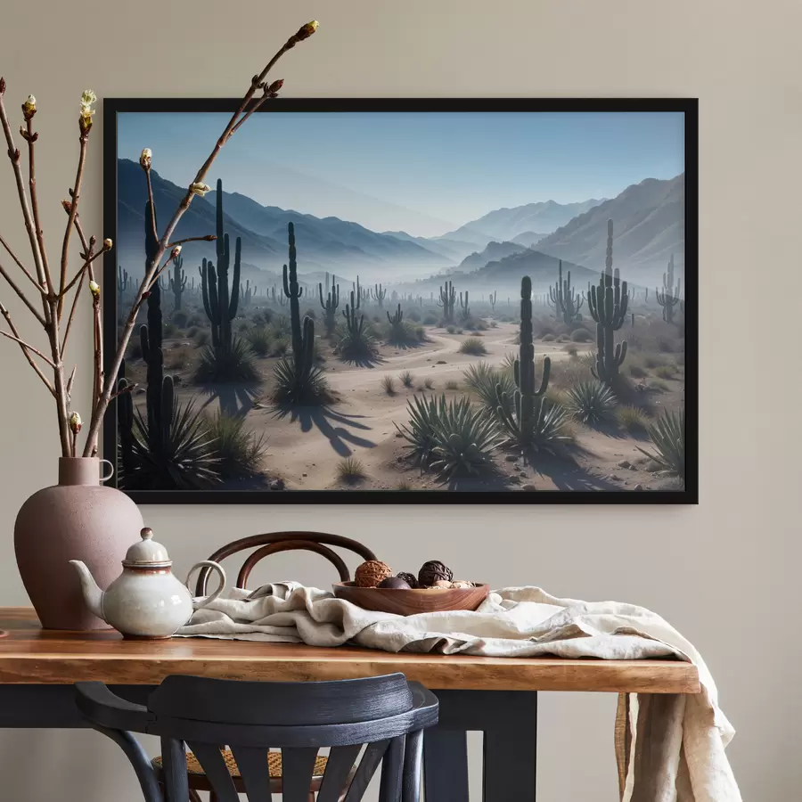 Fototapetes Tuksneša ainava ar augstiem kaktusiem un jukas augiem priekšplānā, ko ieskauj miglaini kalni f40153