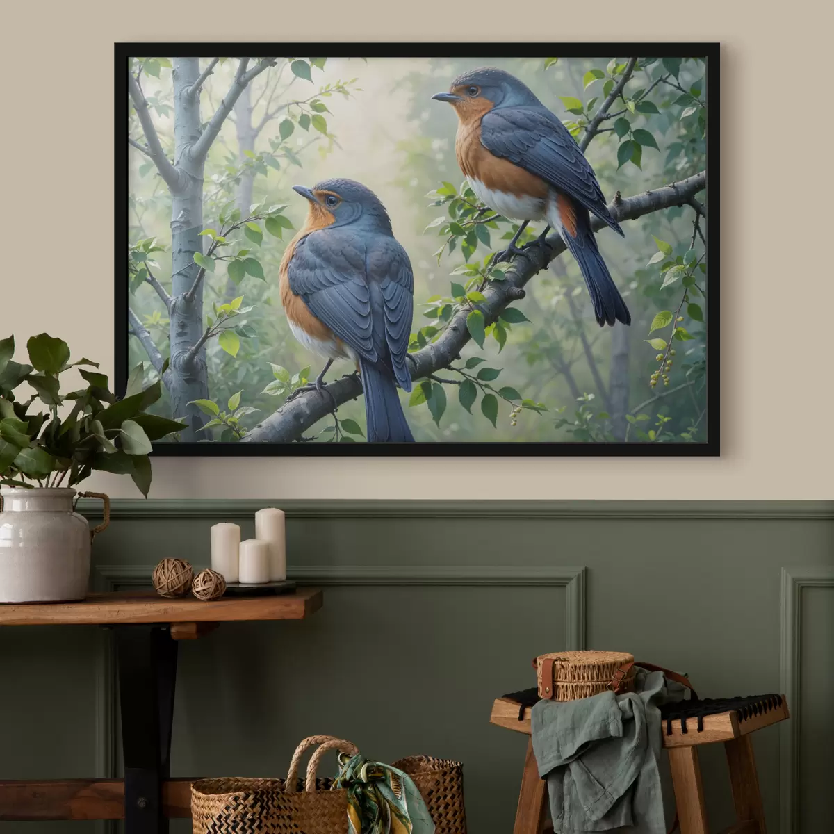 Plakāts Divi zili un oranži putni, kas sēdēja uz koka zara ar zaļām lapām fonā f40156