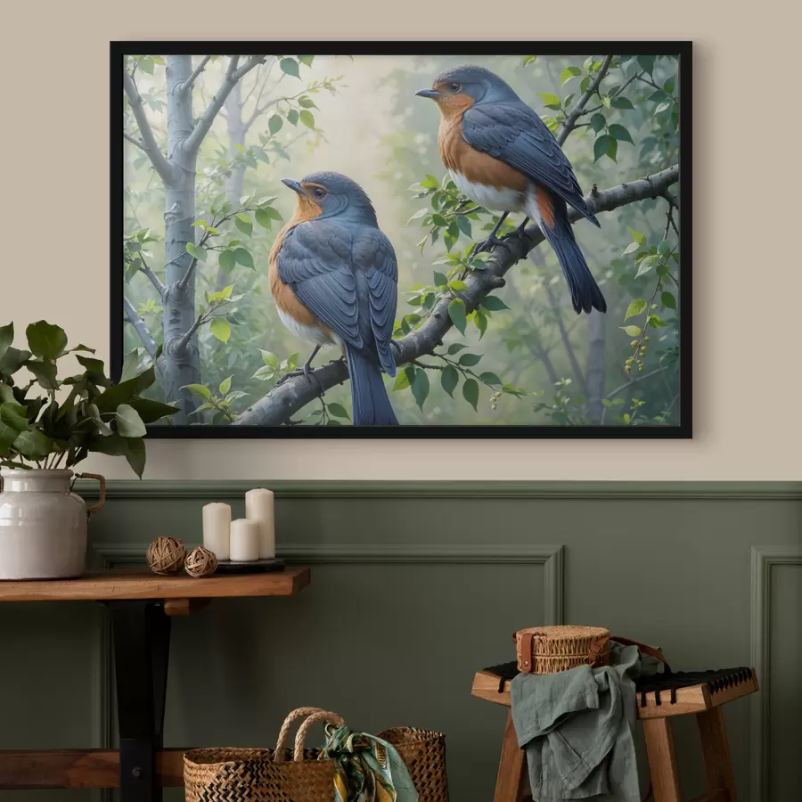 Fototapetes Divi zili un oranži putni, kas sēdēja uz koka zara ar zaļām lapām fonā f40156