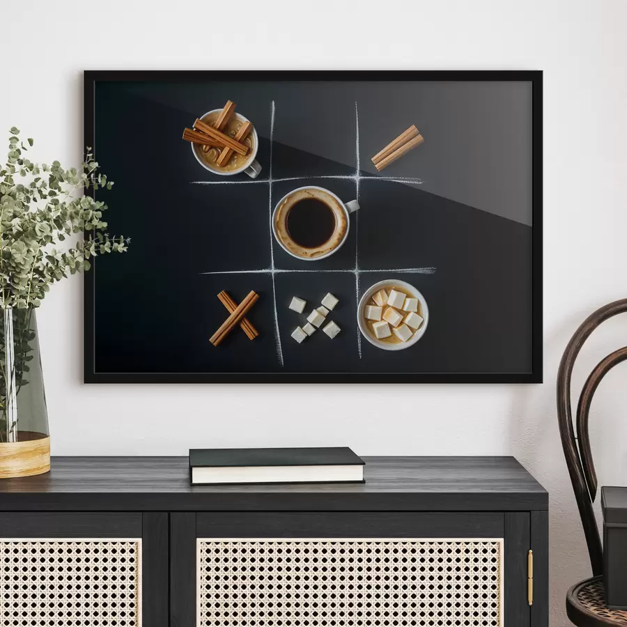 Fototapetes Tase kafijas ar kanēļa standziņām, cukura kubiņiem un zefīriem, kas sakārtoti tic-tac-toe režģī f40163