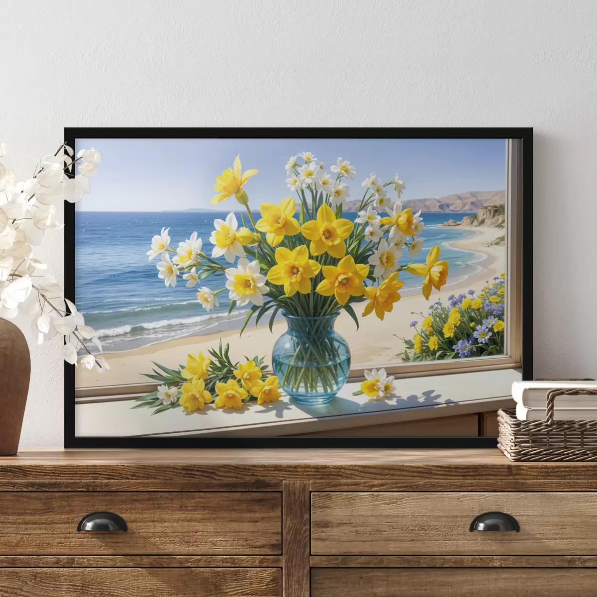 Plakāts Dzelteno narcišu un balto margrietiņu pušķis stikla vāzē uz palodzes ar skatu uz pludmali un okeānu f40171