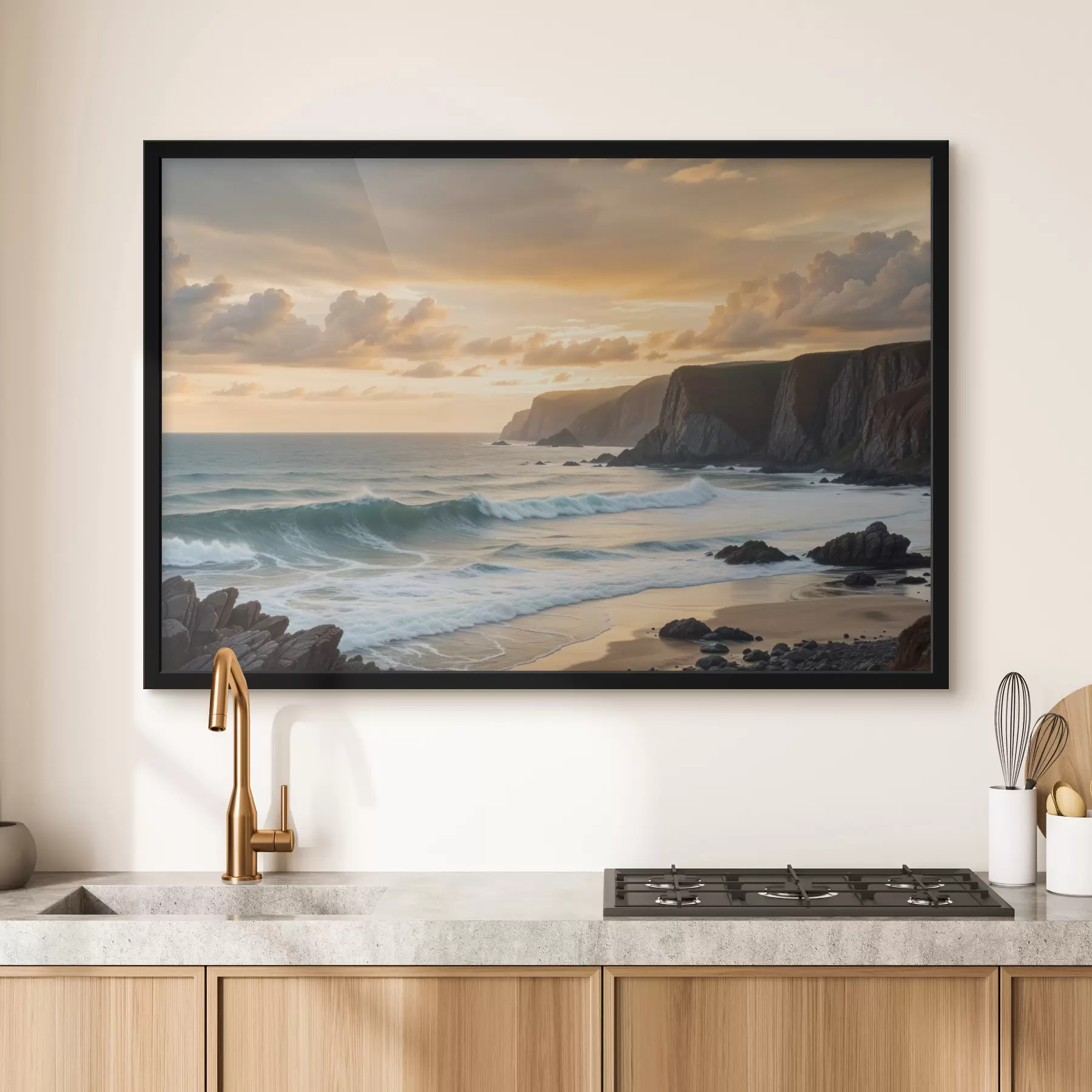 Glezna Gleznaina piekrastes ainava ar iespaidīgām klintīm, viļņiem un krāsainām saulrieta debesīm f40176