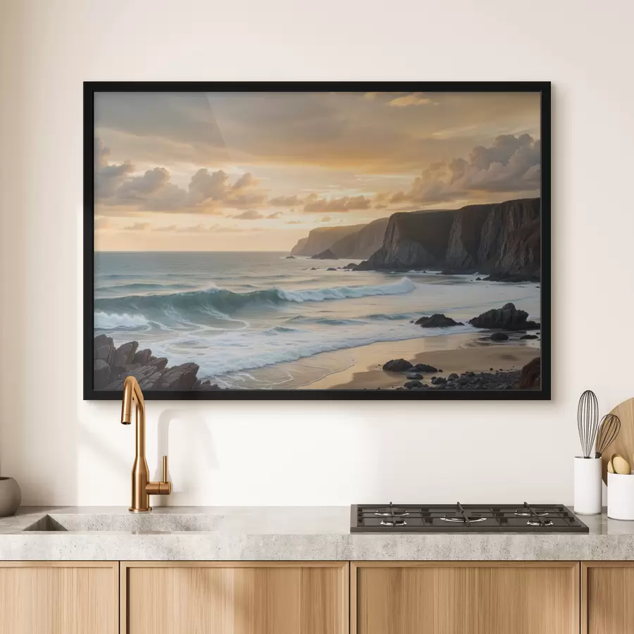 Fototapetes Gleznaina piekrastes ainava ar iespaidīgām klintīm, viļņiem un krāsainām saulrieta debesīm f40176