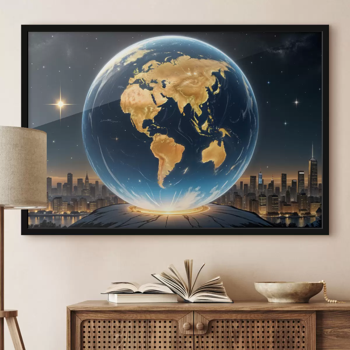 Plakāts Detalizēts, fotoreālistisks planētas Zeme atveidojums, kas peld kosmosa ainavā f40178
