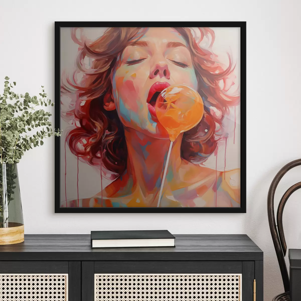 Plakāts Meitene ar cirtainiem matiem gaišās krāsās laiza konfektes f40213