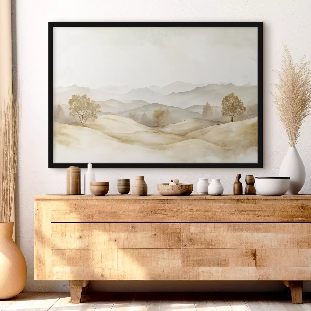 Plakāts Dabas ainava bēšā krāsu paletē, pļava, koki, akvareļa zīmējums f40231