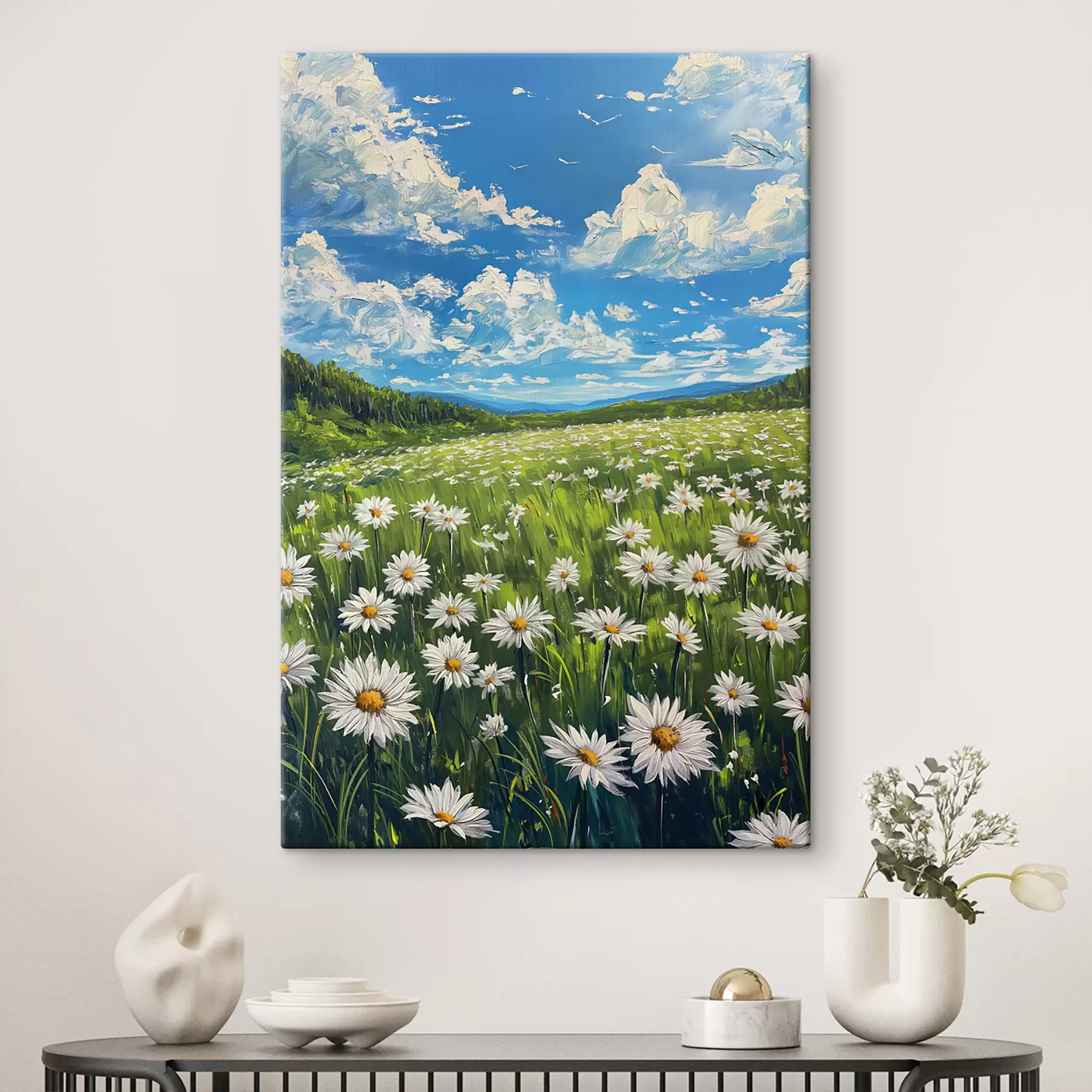 Fototapetes margrietiņu ainava uz lauka s40255