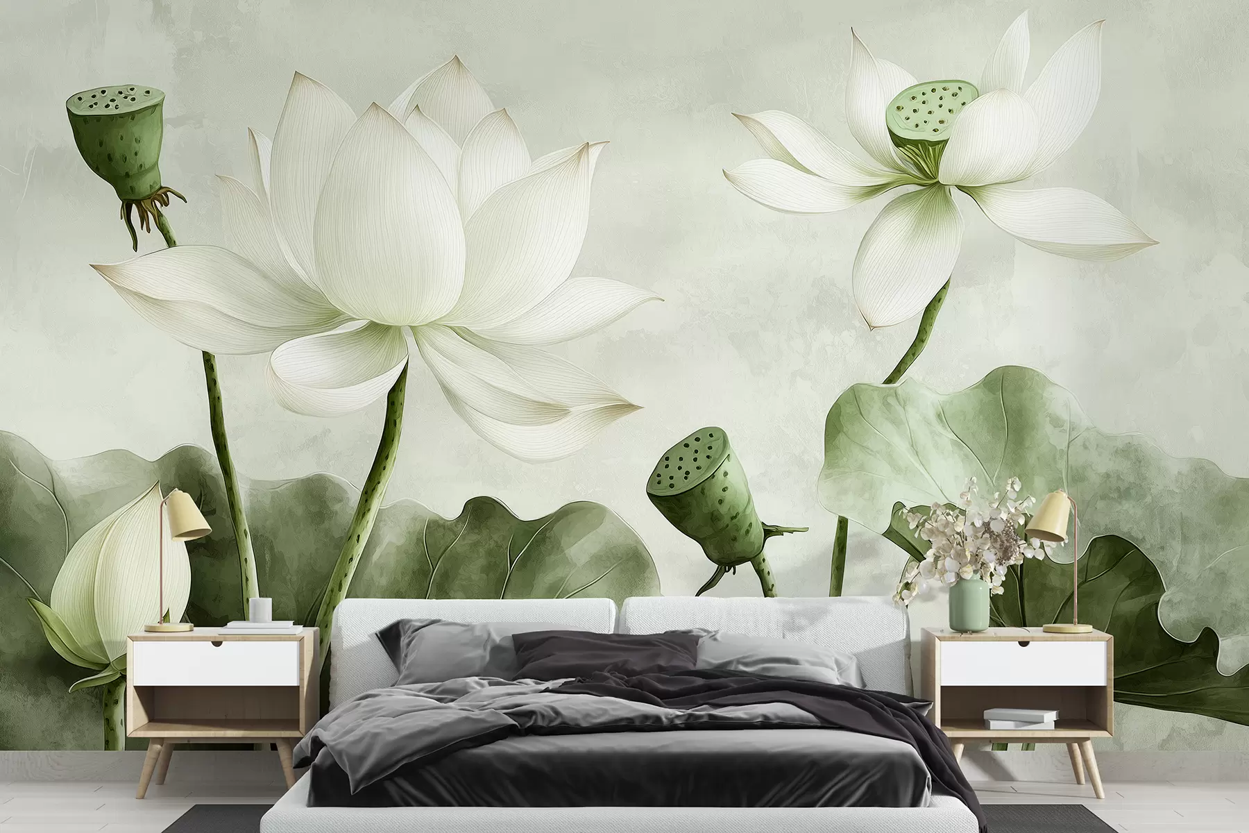 Fototapetes Lotosa ziedi, akvarelis, daba, ziedu kompozīcija, lielas lapas, maigi zaļas krāsas w01445v2