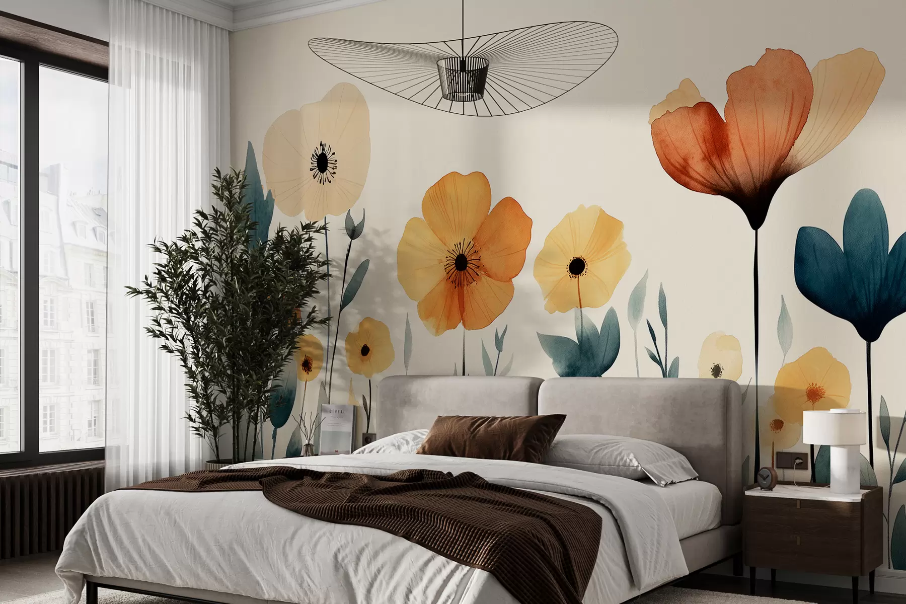 Fototapetes Akvareļu pļavas ziedi, zemniecisks, ziedu kompozīcija, vienkāršs zīmējums, bēšs, oranžs, zils  w01453