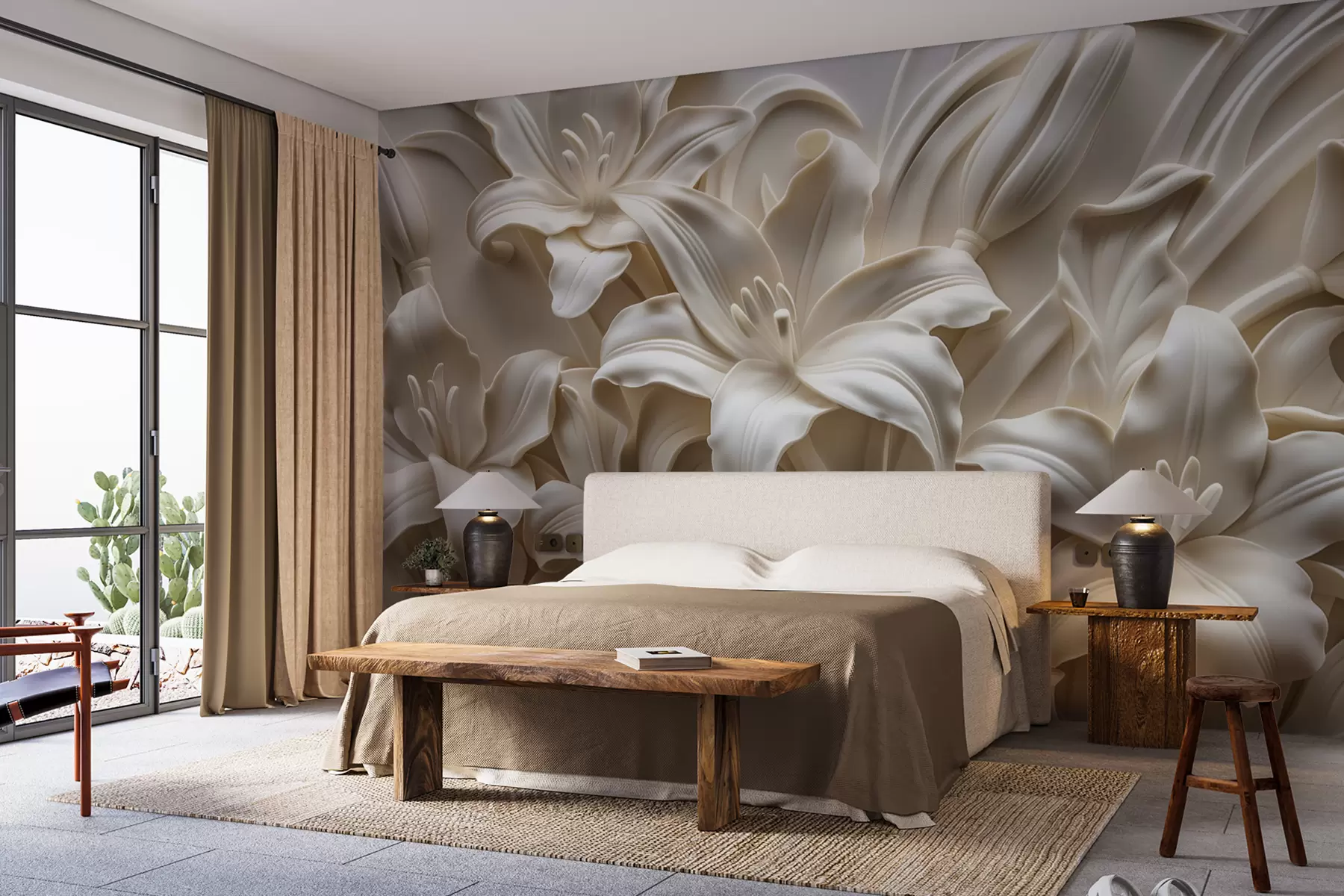 Fototapetes Elegants bēšs 3D reljefs no cirstām lilijām w01433