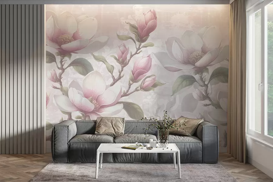 Fototapetes Smalki rozā magnolijas ziedi pilnībā zied uz maiga, izplūduša fona w08216
