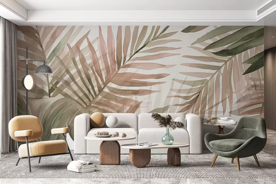 Fototapetes Palmu akvareļu lapas dažādos zaļos un rozā toņos uz gaiša fona w08218