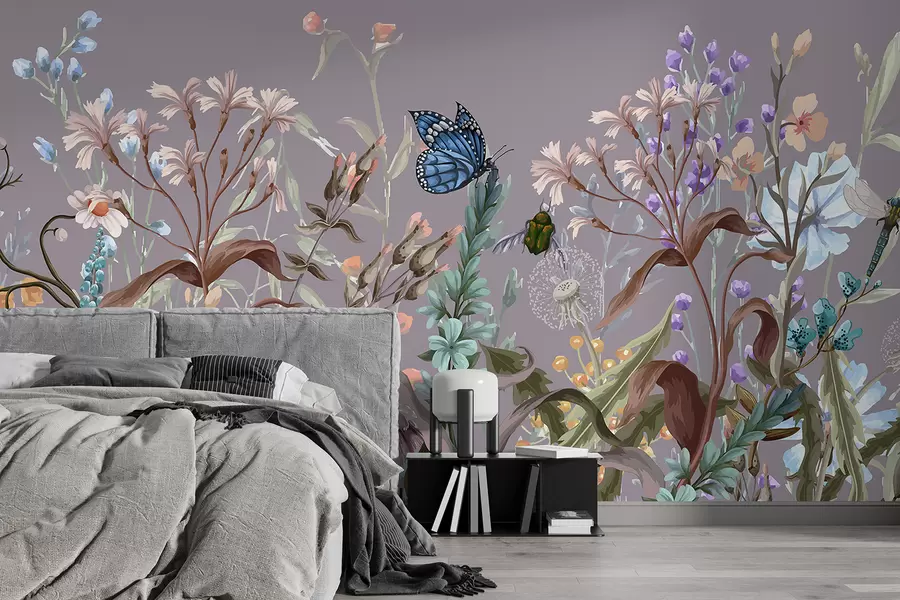 Fototapetes Krāsaina violeta ilustrācija ar sulīgu, puķu dārzu ar kukaiņiem sapņainā, fantastiskā stilā w08234v1