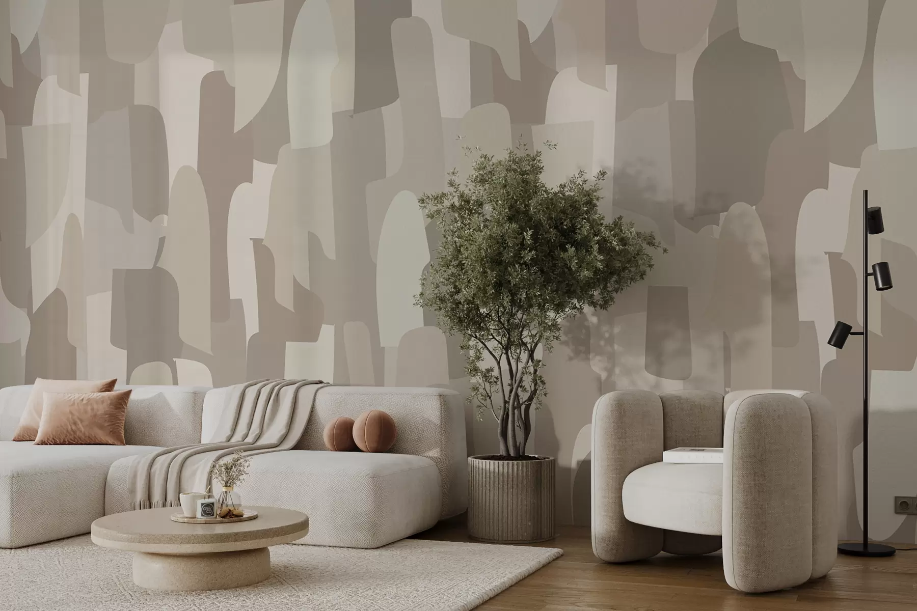 Fototapetes Abstraktas modernās mākslas tapetes bēšos toņos krāsainu gabalu imitācijas, stilīgam interjera dizainam w00987