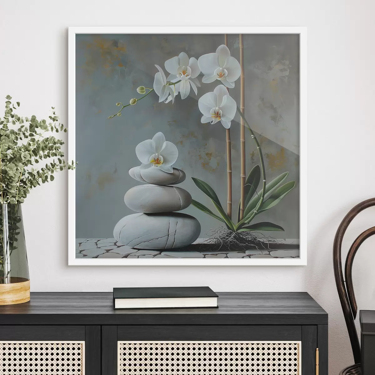 Plakāts Orhideja uz pelēkas sienas f40368