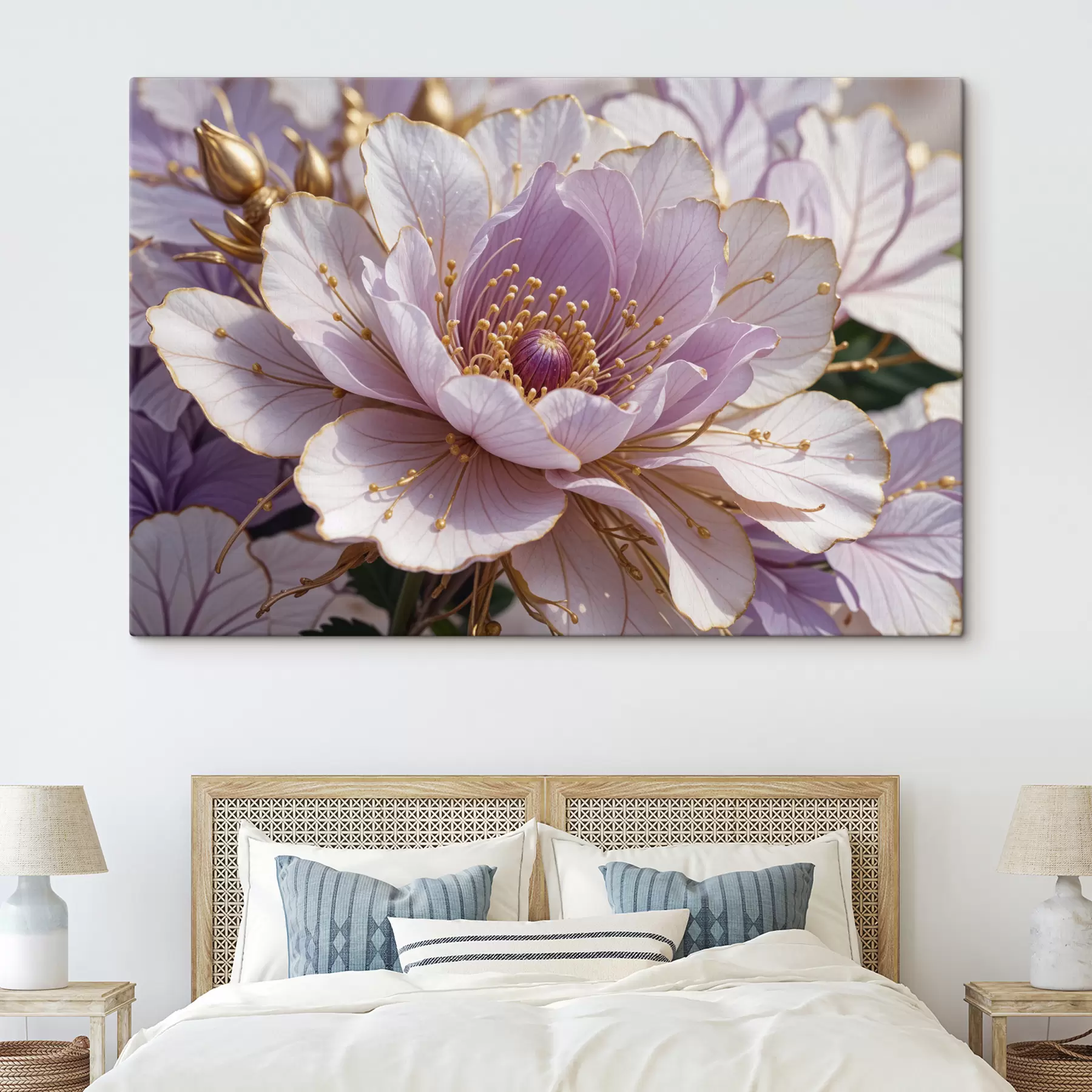 Fototapetes Liela, gaiši rozā peonijas zieda tuvplāns ar smalkām ziedlapiņām un spilgti dzeltenu centru s40384