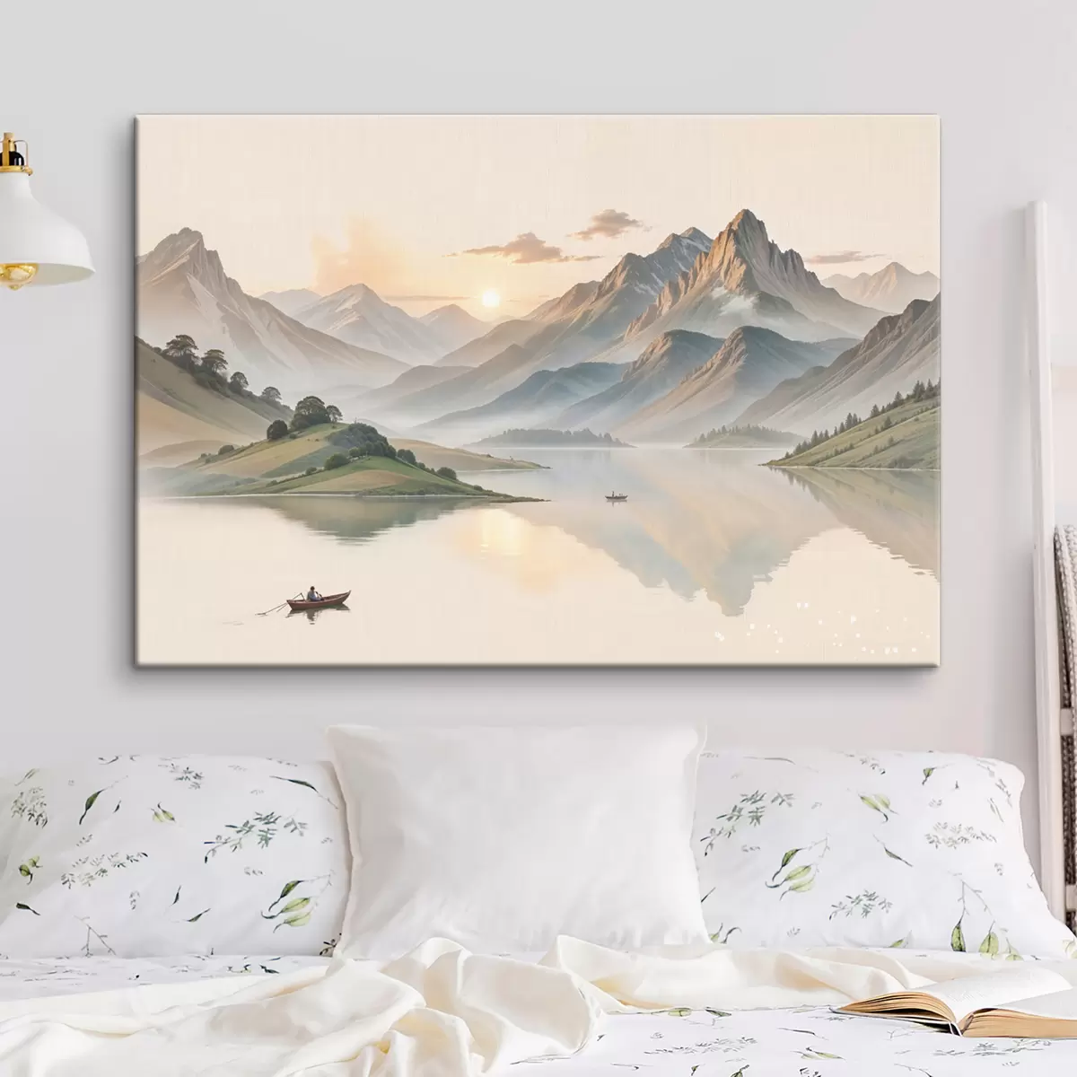 Glezna Rāma ainava ar ezeru, kas atspoguļo kalnus fonā ar nelielu laivu rāmā ūdenī s40391