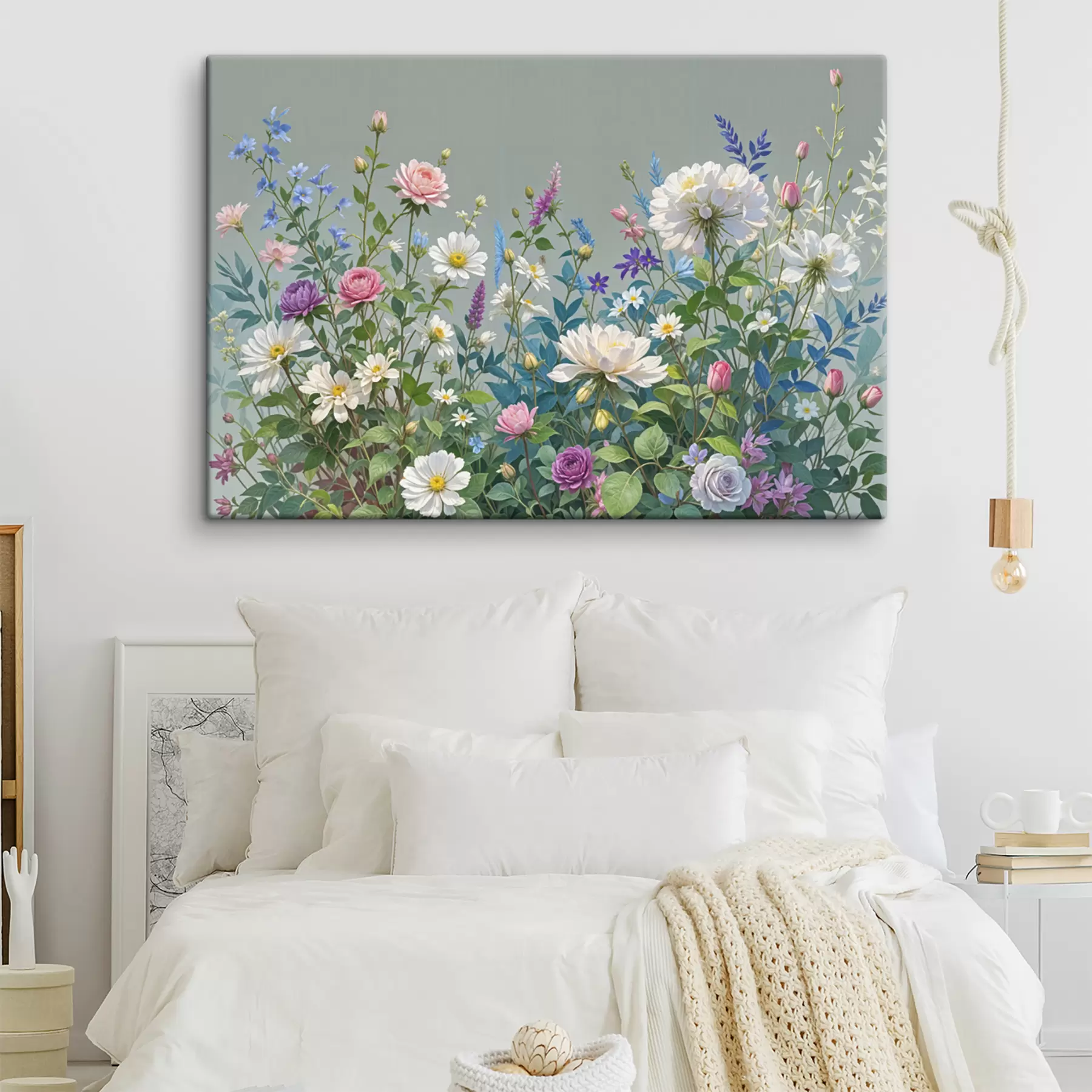 Fototapetes Lekns, dinamisks dārzs, kas piepildīts ar dažādiem krāsainiem ziediem un ziedošiem augiem uz pelēka fona s40393