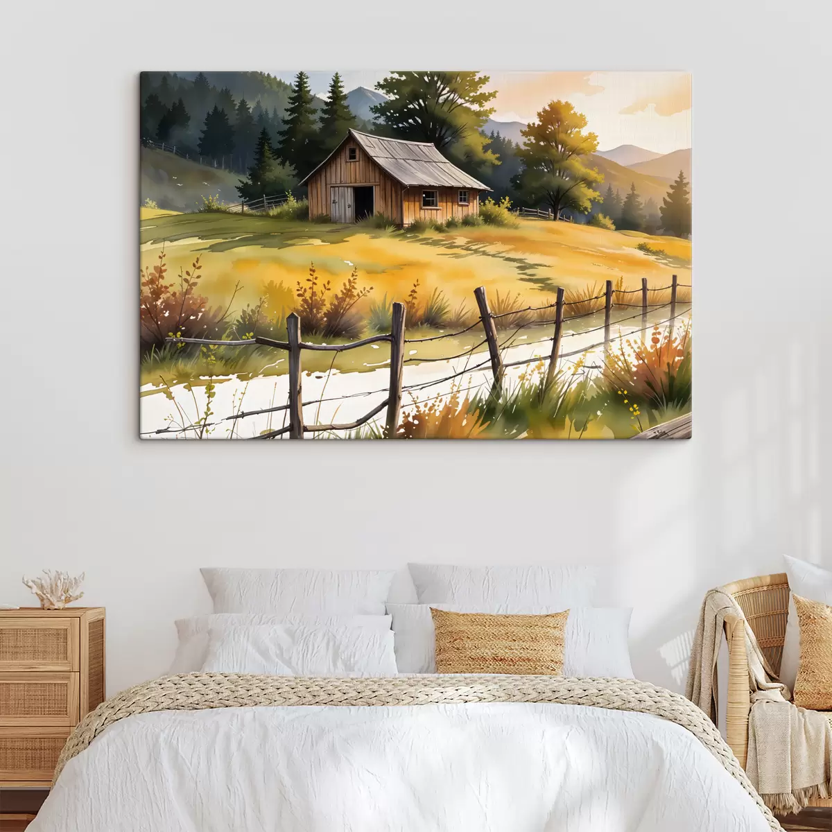 Glezna Veca koka māja lauku laukos, ko ieskauj zālains lauks, priedes un kalni s40394