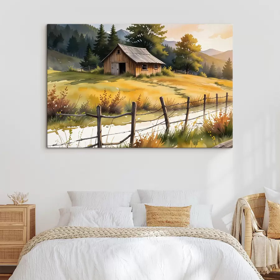 Glezna Veca koka māja lauku laukos, ko ieskauj zālains lauks, priedes un kalni s40394