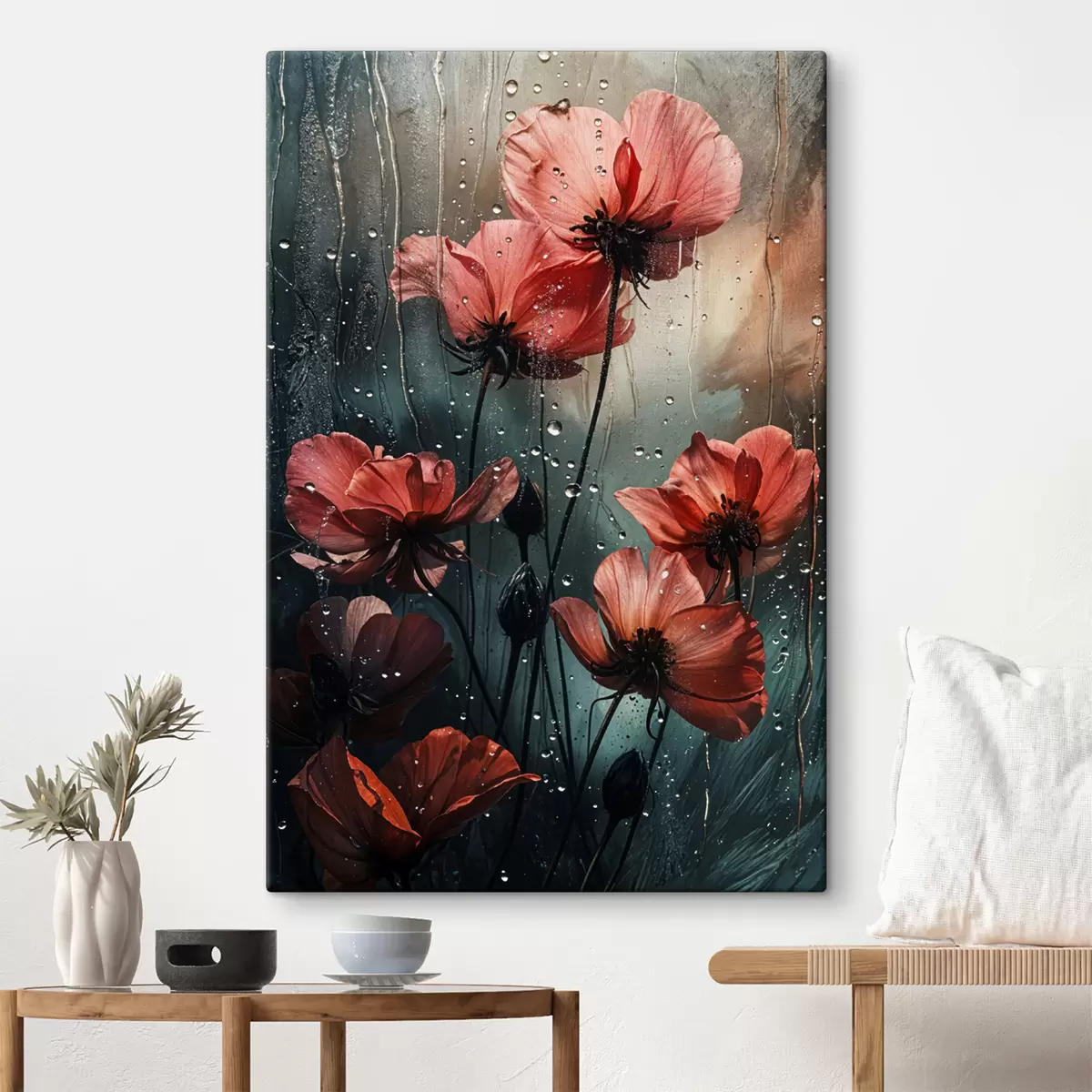 Glezna Sarkani ziedi ar ūdens pilieniem uz neskaidra fona s40412