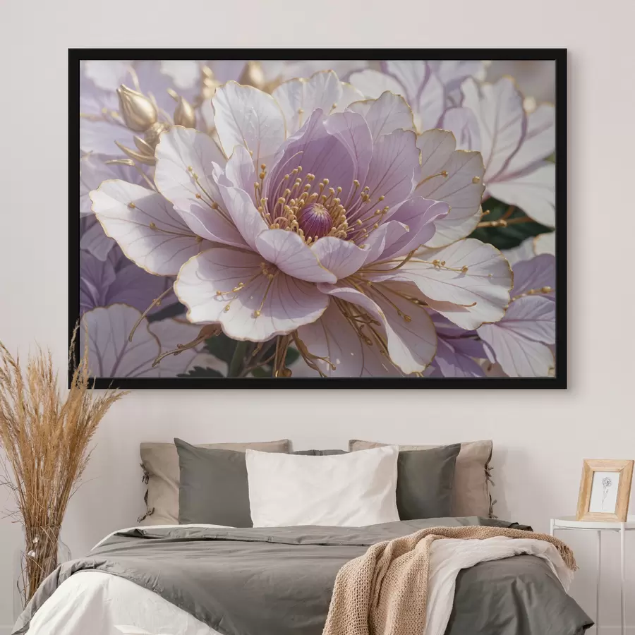 Fototapetes Liela, gaiši rozā peonijas zieda tuvplāns ar smalkām ziedlapiņām un spilgti dzeltenu centru f40384