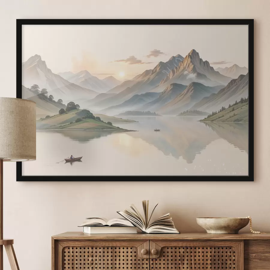 Glezna Rāma ainava ar ezeru, kas atspoguļo kalnus fonā ar nelielu laivu rāmā ūdenī f40391