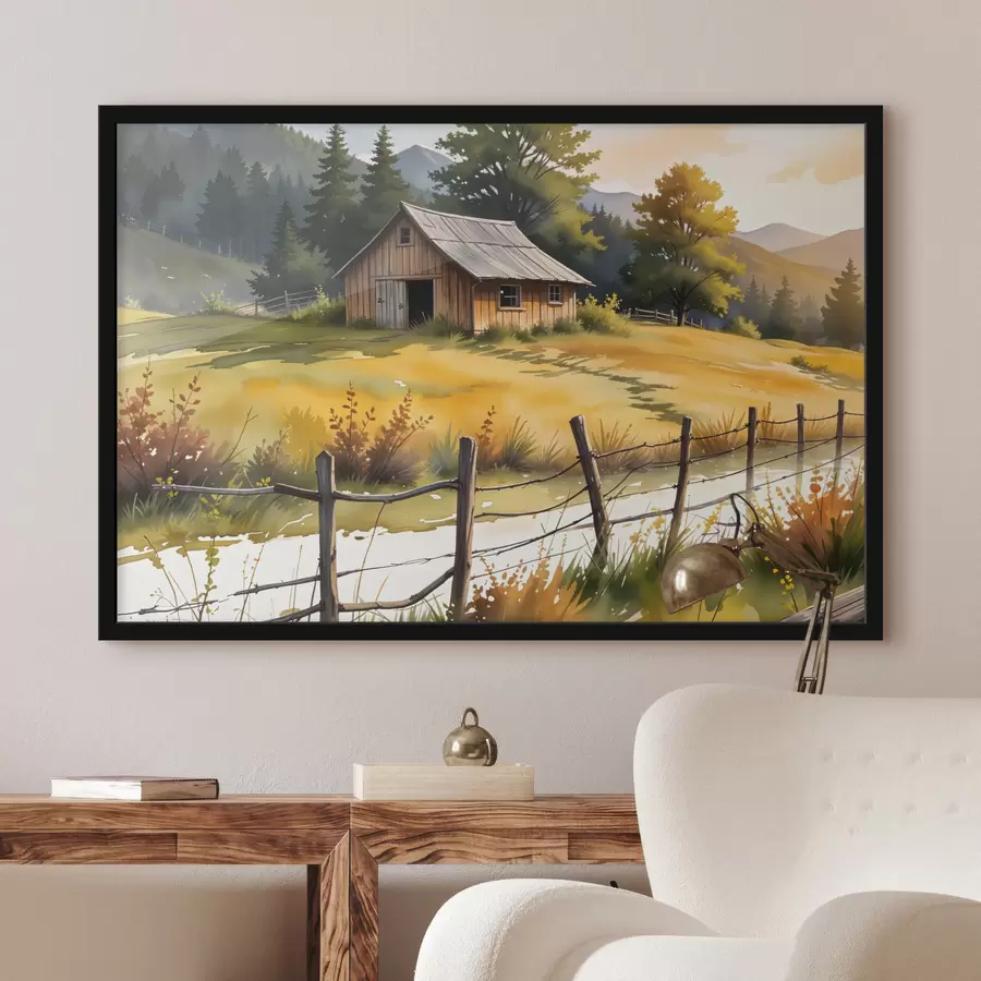 Fototapetes Veca koka māja lauku laukos, ko ieskauj zālains lauks, priedes un kalni f40394