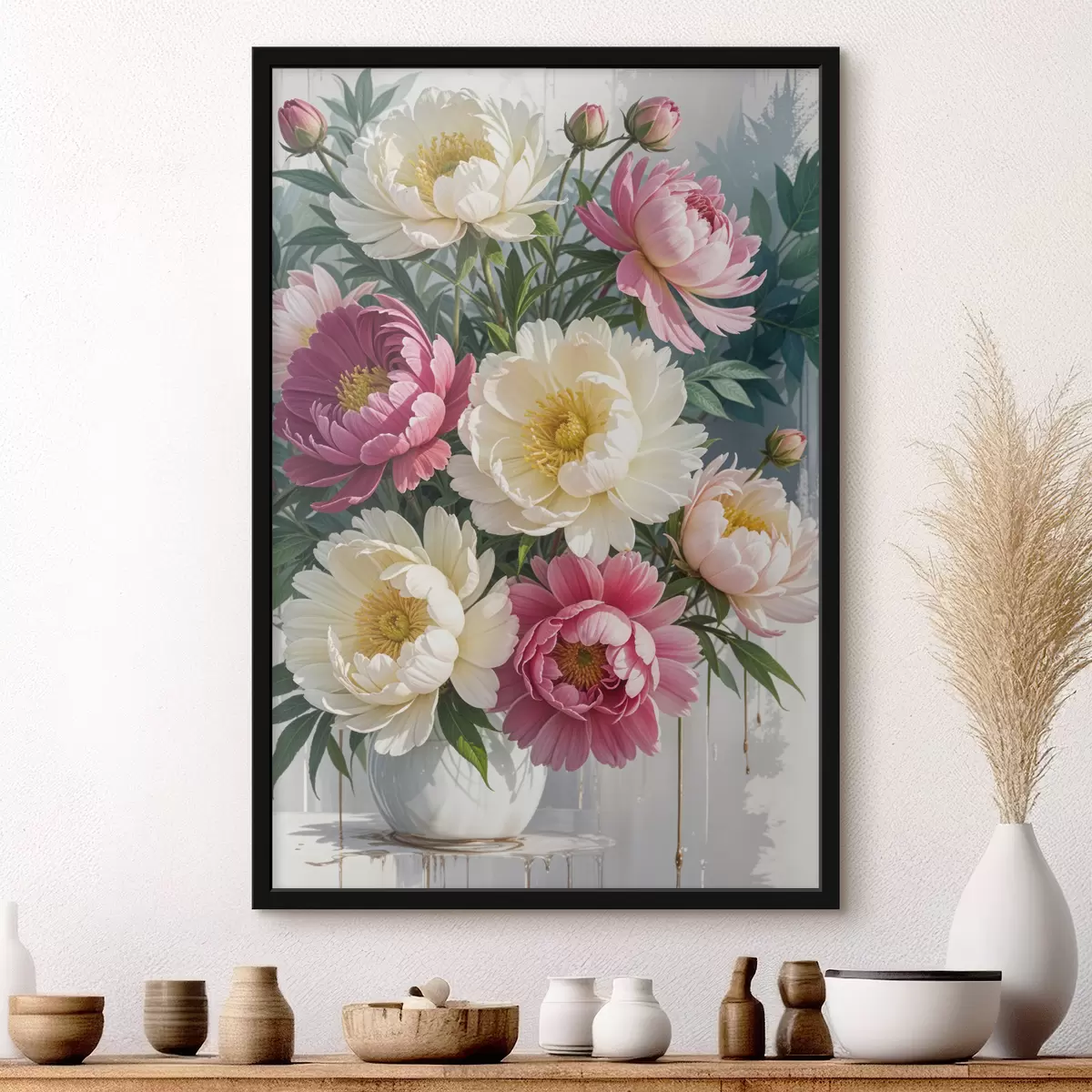 Plakāts Spilgtu peoniju ziedu pušķis dažādos rozā, baltos un dzeltenos toņos ar krāsas šļakatām f40403