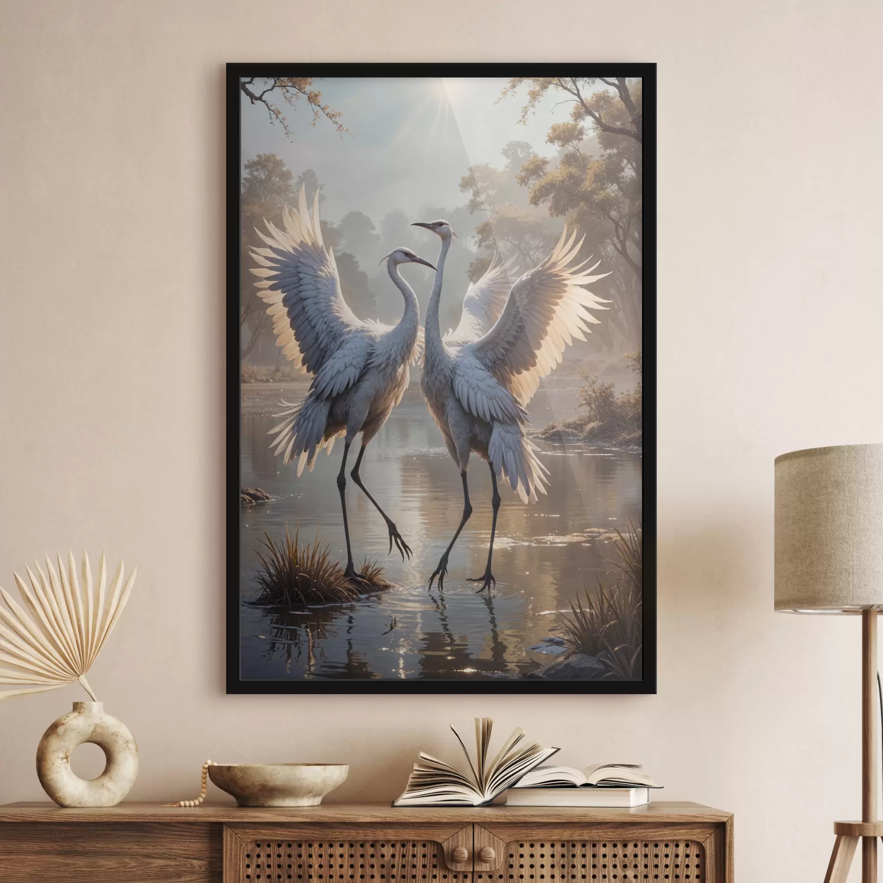 Fototapetes Divas lielas pelēkas dzērves ar gariem kakliem un izplestiem spārniem stāv miglainā ezerā, ko ieskauj koki f40404