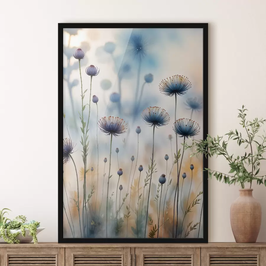 Fototapetes Augsti purpursarkani pienenei līdzīgi ziedi ar izplūdušu fonu, radot rāmu un sapņainu atmosfēru f40414