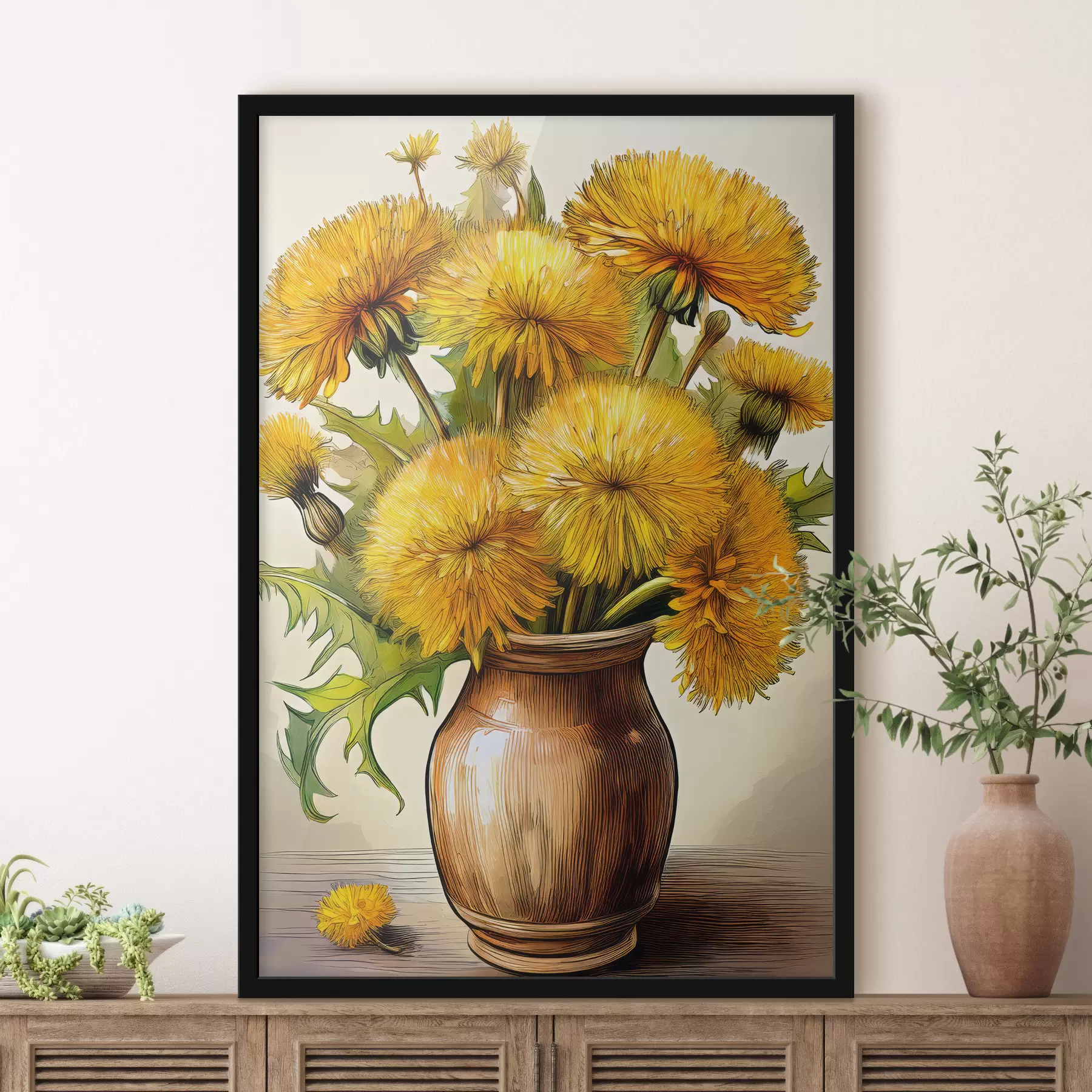 Fototapetes pienenes, pieneņu pušķis vāzē, dzeltenās pienenes f40418