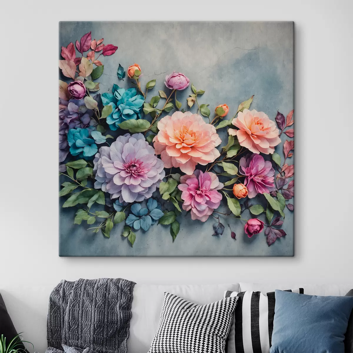 Glezna Ziedi un lapas uz zila fona s40346