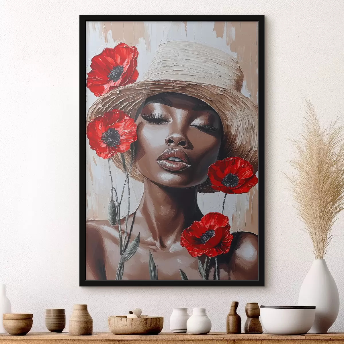 Plakāts Sievietes portrets cepurē ar sarkanām magonēm f40350