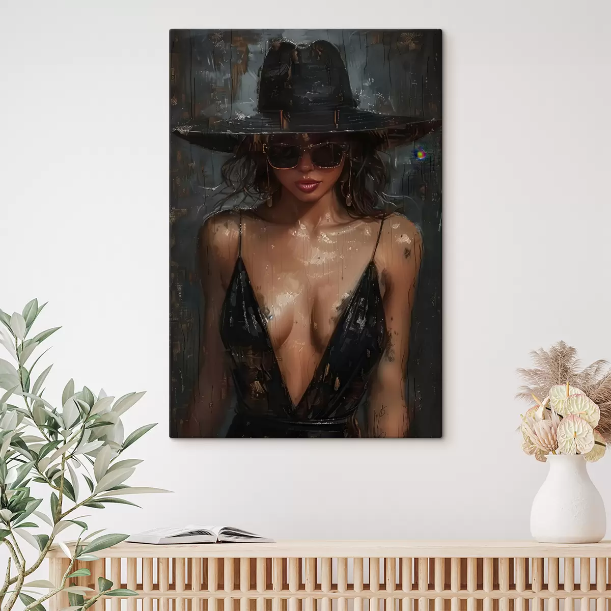 Glezna Meitene melnā kleitā un melnā cepurē s40441